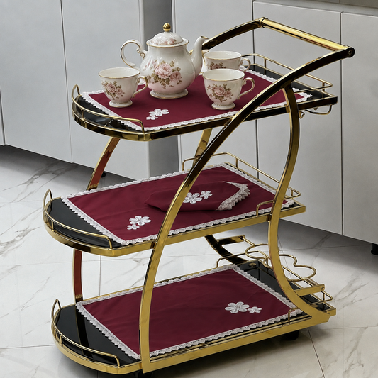 9 PCS TROLLEY MAT AND NAPKIN SET WITH LACE -BURGUNDY
