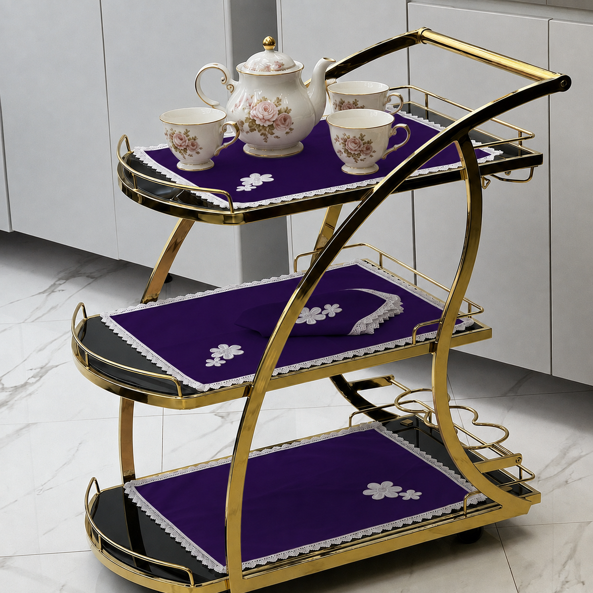 9 PCS TROLLEY MAT AND NAPKIN SET WITH LACE -DARK PURPLE