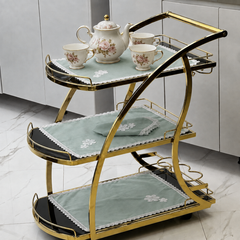 9 PCS TROLLEY MAT AND NAPKIN SET WITH LACE -SEA GREEN
