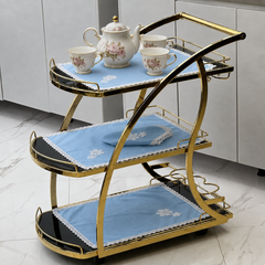 9 PCS TROLLEY MAT AND NAPKIN SET WITH LACE - SKY BLUE