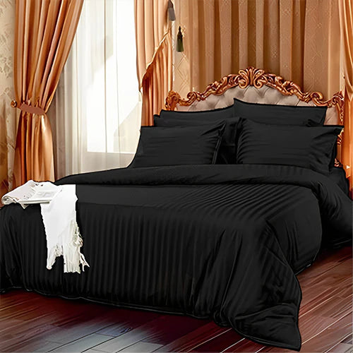 Luxury100% Egyptian Cotton Satin Stripe Duvet Cover Set Black - 99 Bedding Store