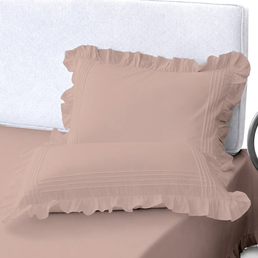 Cotton Fitted Sheet With Frilled Pillow Cover- Beige