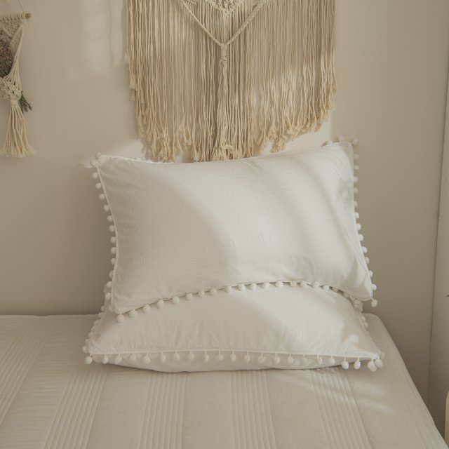 Luxury Cotton Satin Pom Fringe Duvet Cover Set- Dove White - 99 Bedding Store