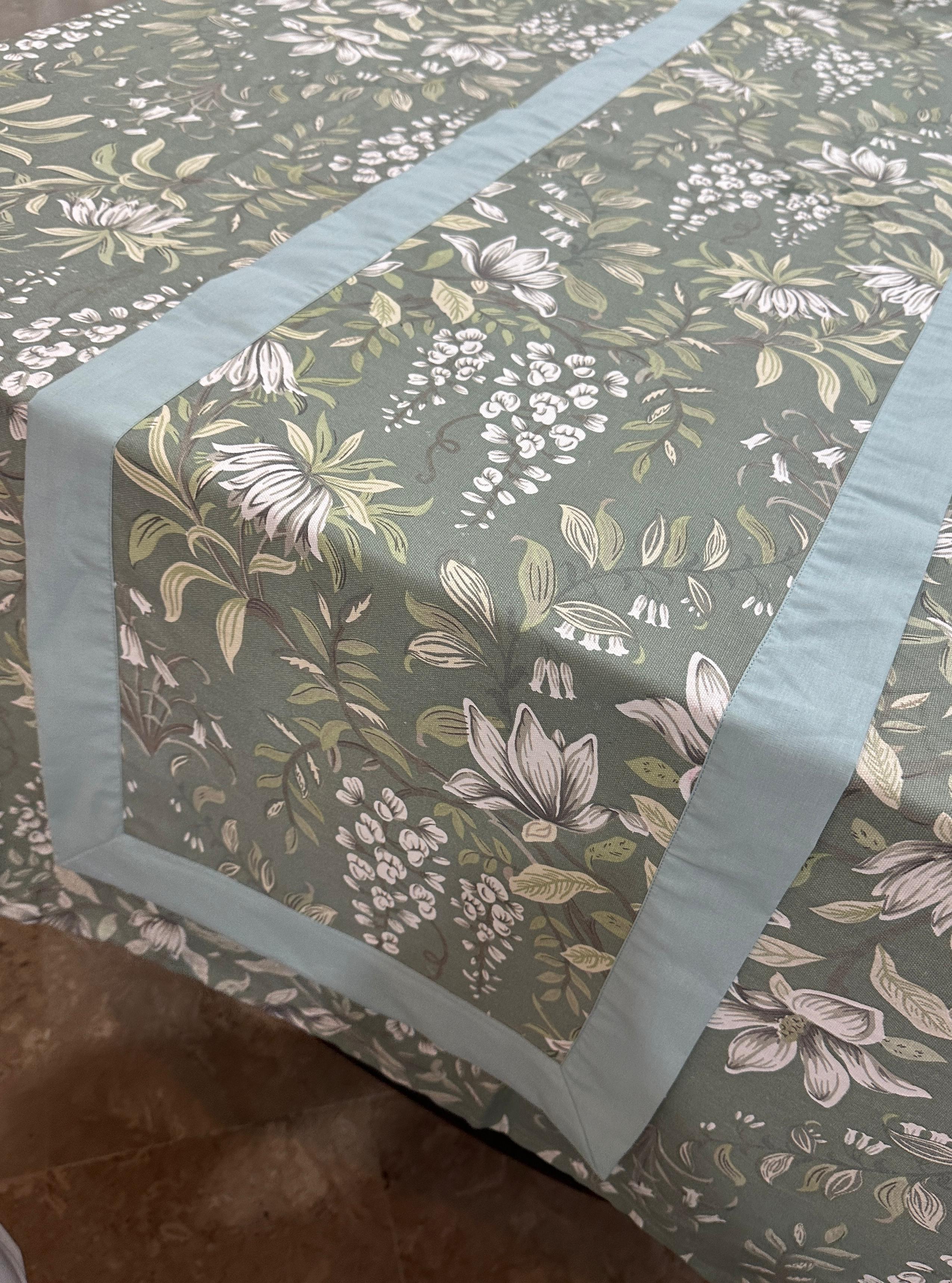 Aqua Bordered Printed Cotton Reversable Dinning Set - Green Garden