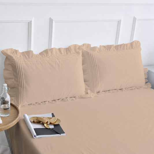 Cotton Fitted Sheet With Frilled Pillow Cover- Beige