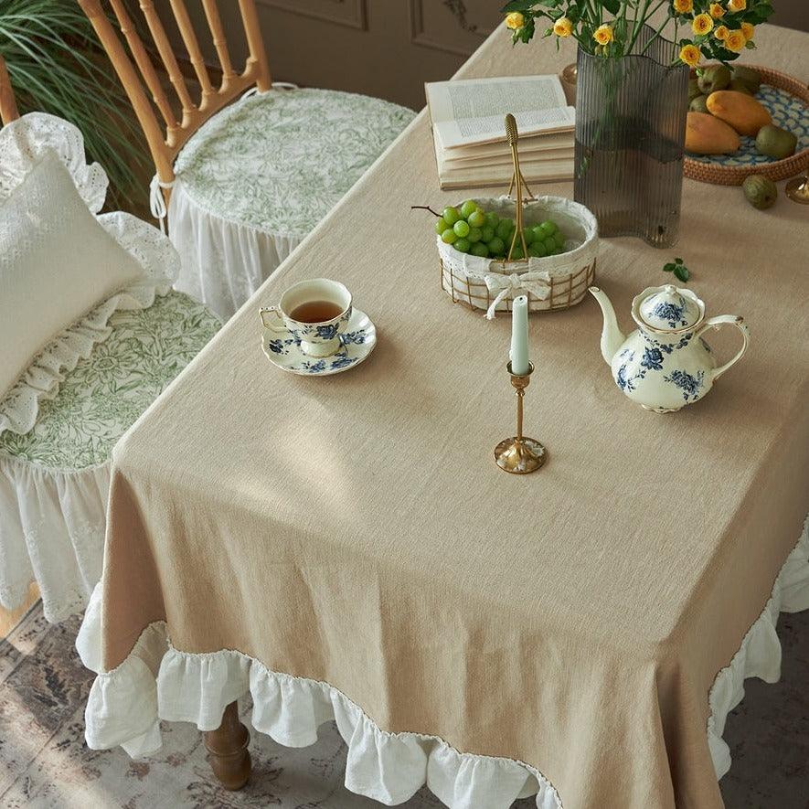 Decorative Cotton Tablecloth - Beige With White Frilled Bordered