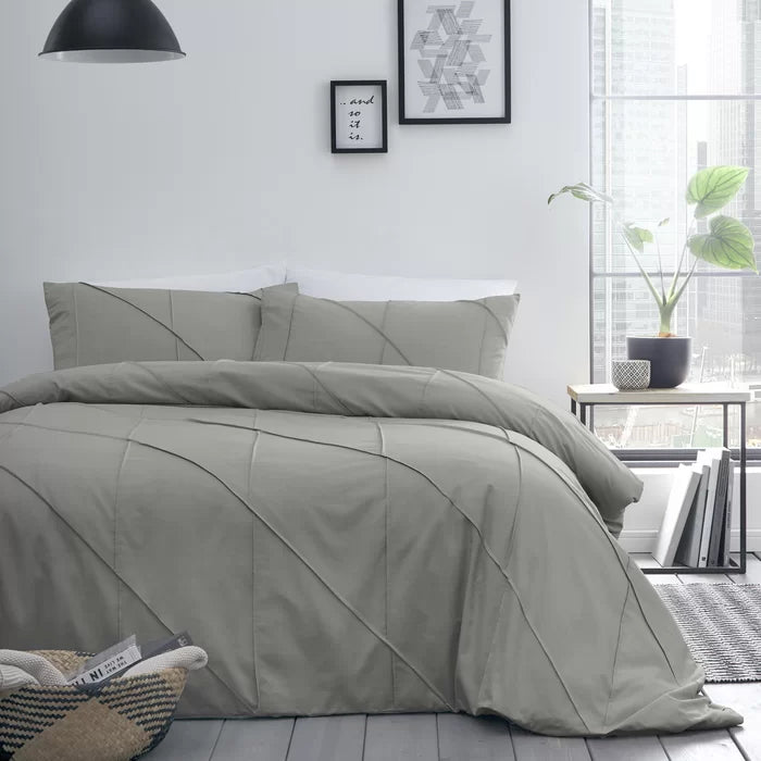 Geometric Pleated Cotton Satin Duvet Cover Set - Light Grey - 99 Bedding Store