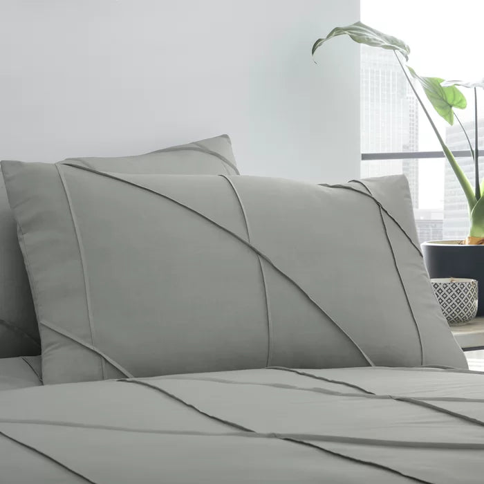 Geometric Pleated Cotton Satin Duvet Cover Set - Light Grey - 99 Bedding Store