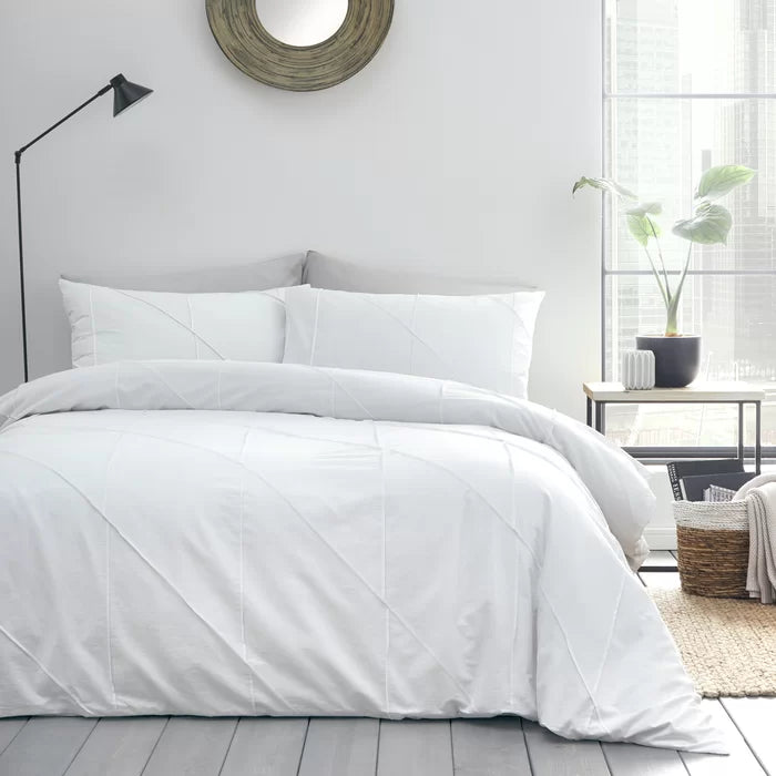 Geometric Pleated Cotton Satin Duvet Cover Set - White - 99 Bedding Store