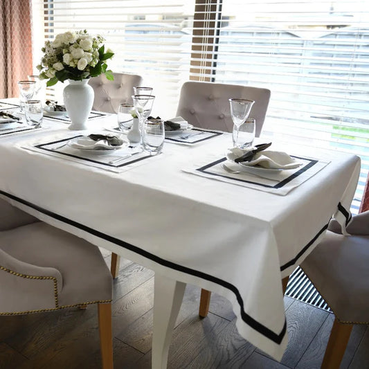 Luxury White Cotton Dining Set with Black Stripe Border