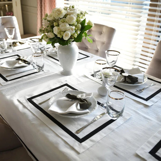 Luxury White Cotton Dining Set with Black Stripe Border