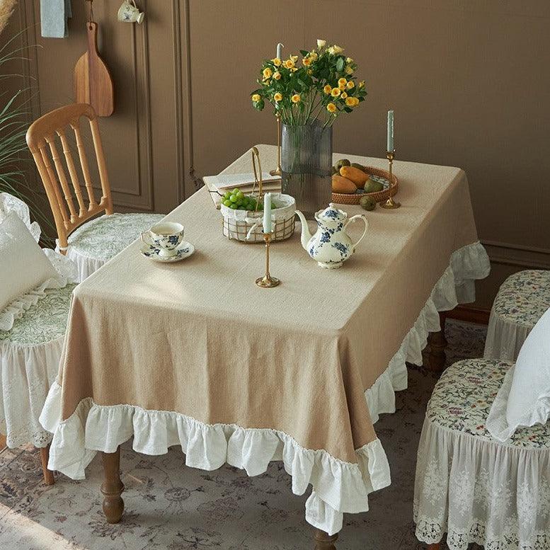 Decorative Cotton Tablecloth - Beige With White Frilled Bordered