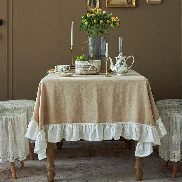 Decorative Cotton Tablecloth - Beige With White Frilled Bordered