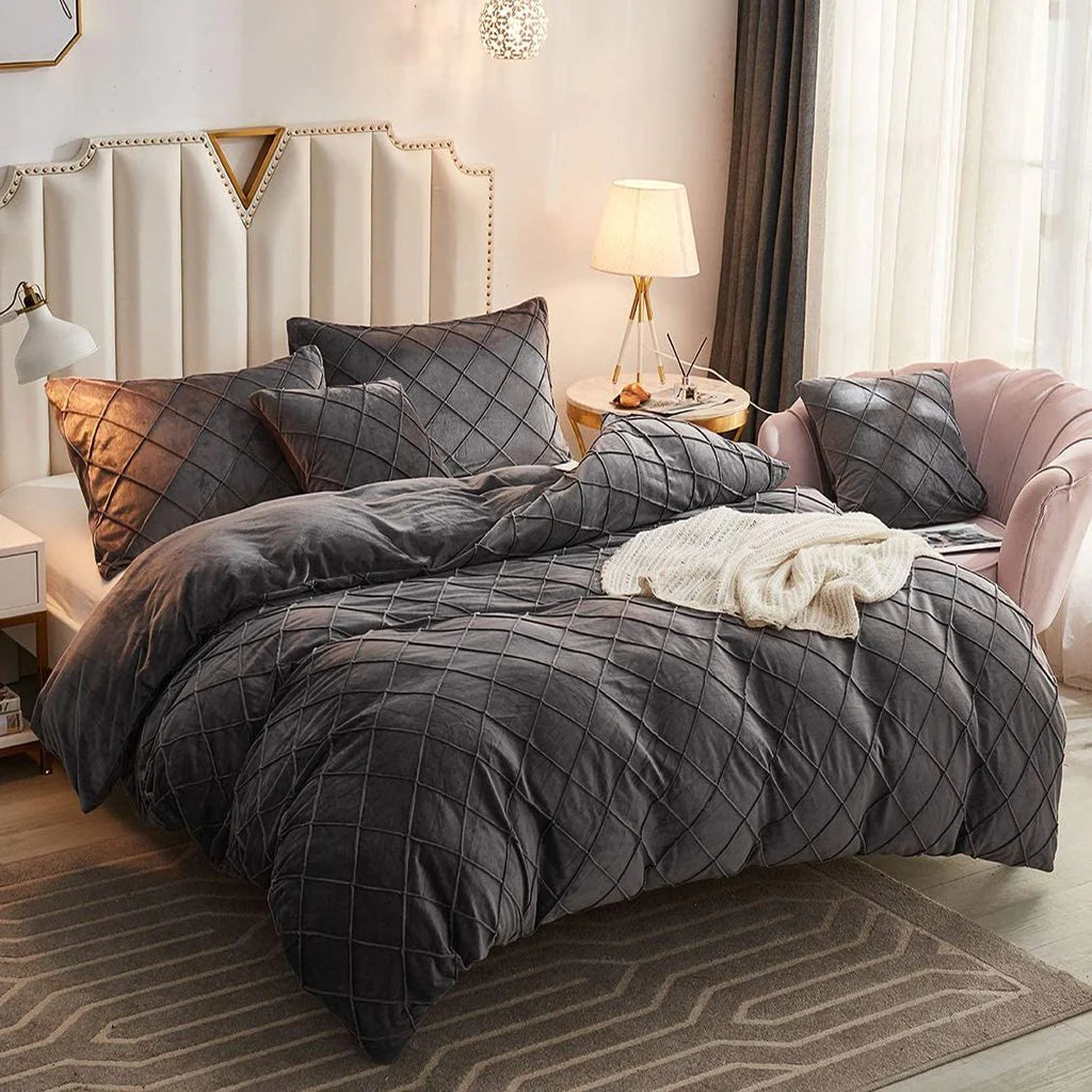 Luxury Velvet Pinch Pleats Duvet Cover Set - Charcoal - 99 Bedding Store