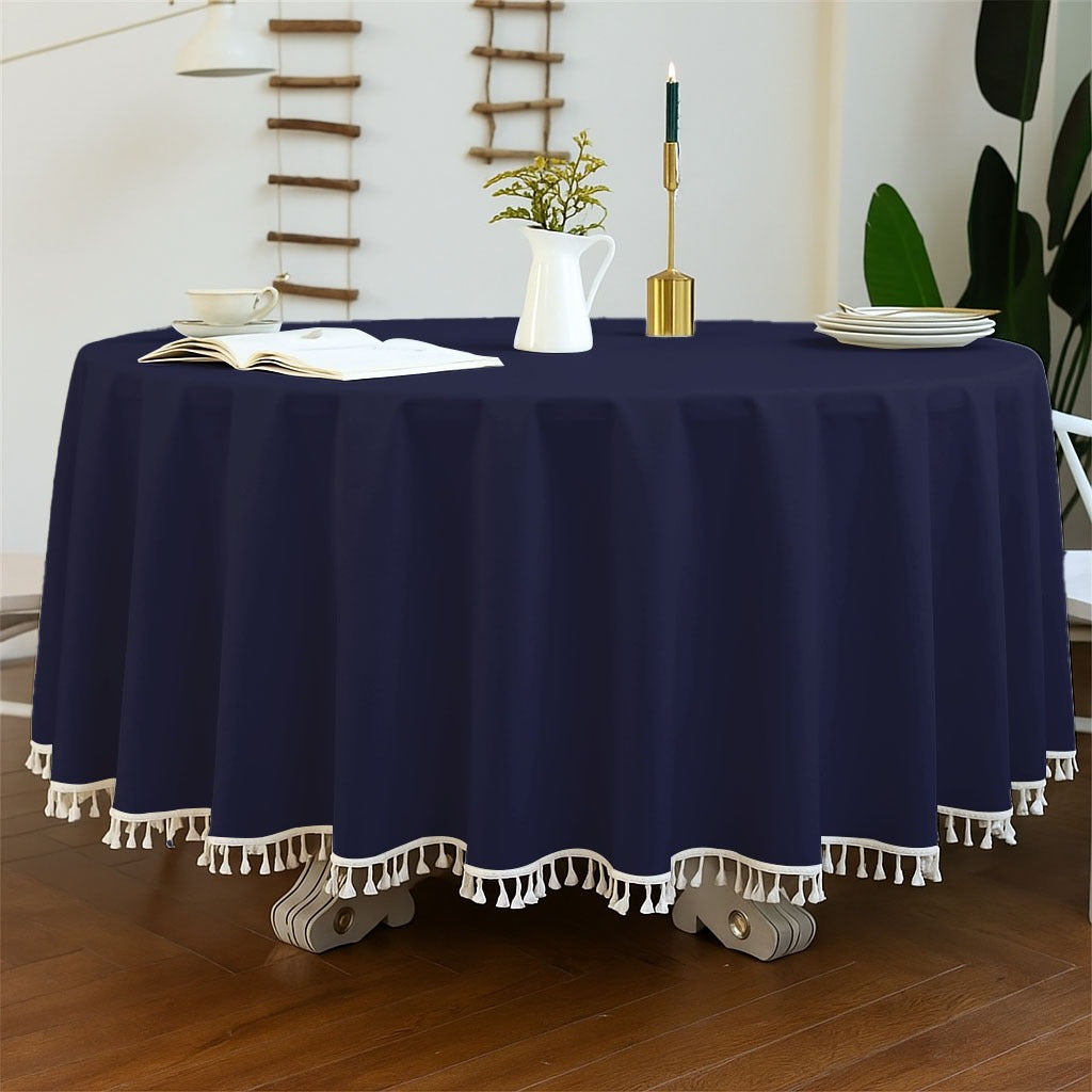 Cotton Satin Decorative Round Tablecloth With Tesals- Navy Blue