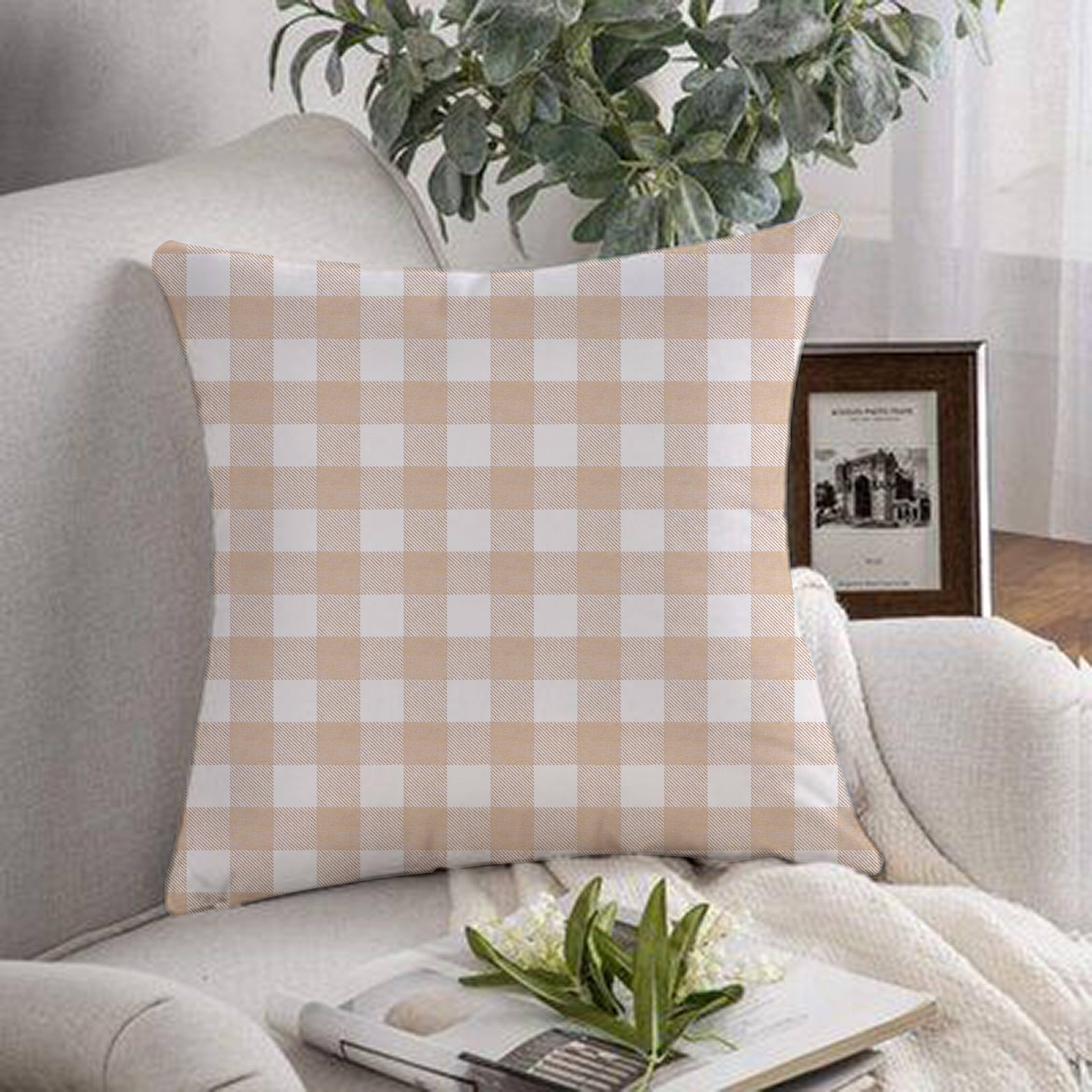 Pack of2 Beige Checked Cushion Cover - 99 Bedding Store