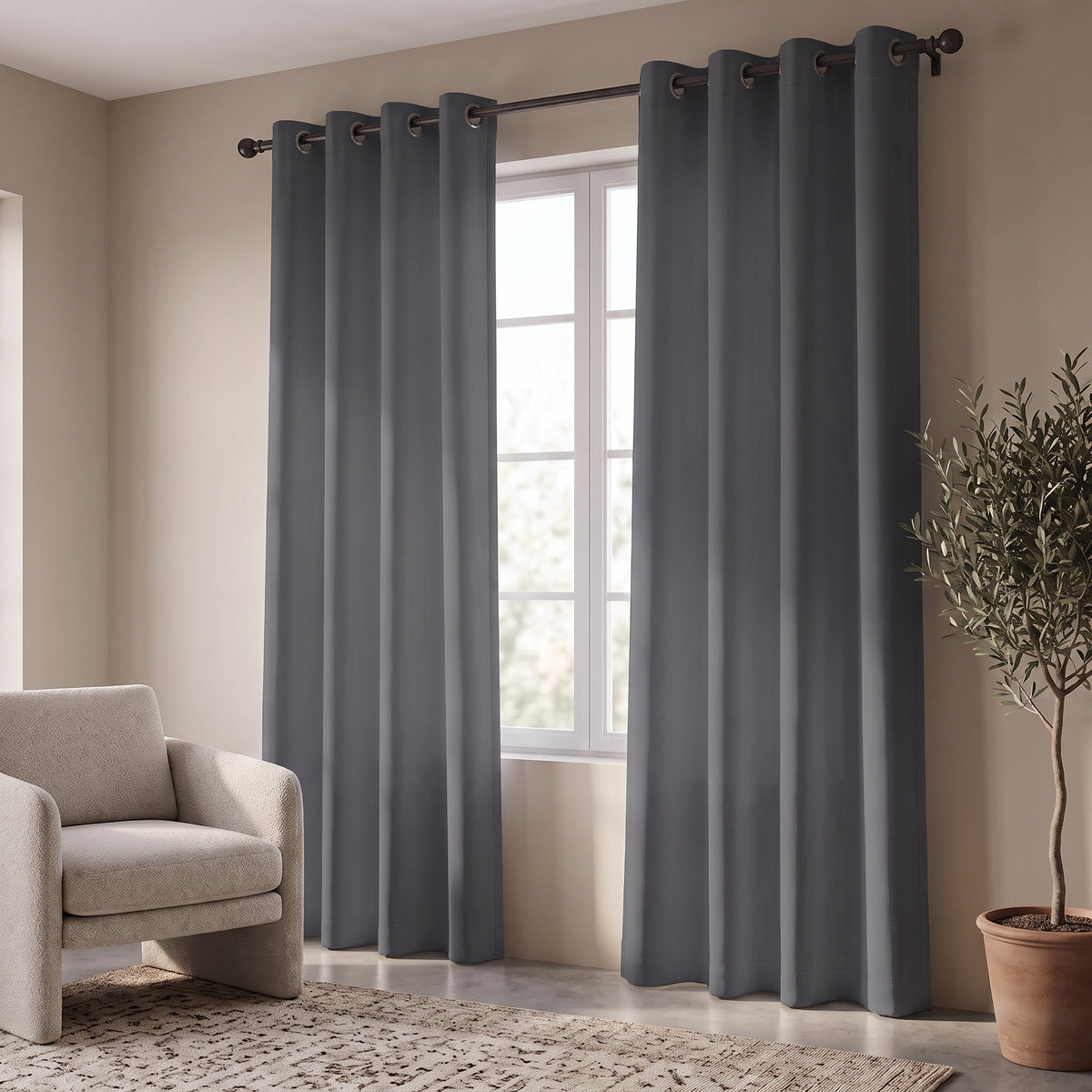 2 PC Plain Dyed Eyelet Curtains with lining-Grey