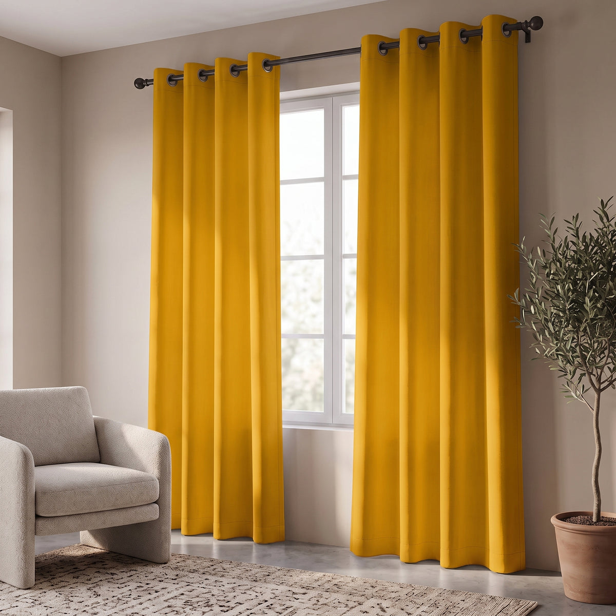 2 PC Plain Dyed Eyelet Curtains with lining-Mustard