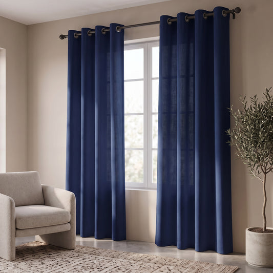 2 PC Plain Dyed Eyelet Curtains with lining-Navy Blue