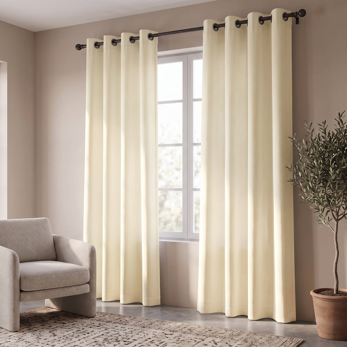 2 PC Plain Dyed Eyelet Curtains with lining-Offwhite