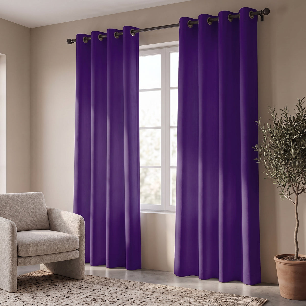2 PC Plain Dyed Eyelet Curtains with lining-Heather Purple