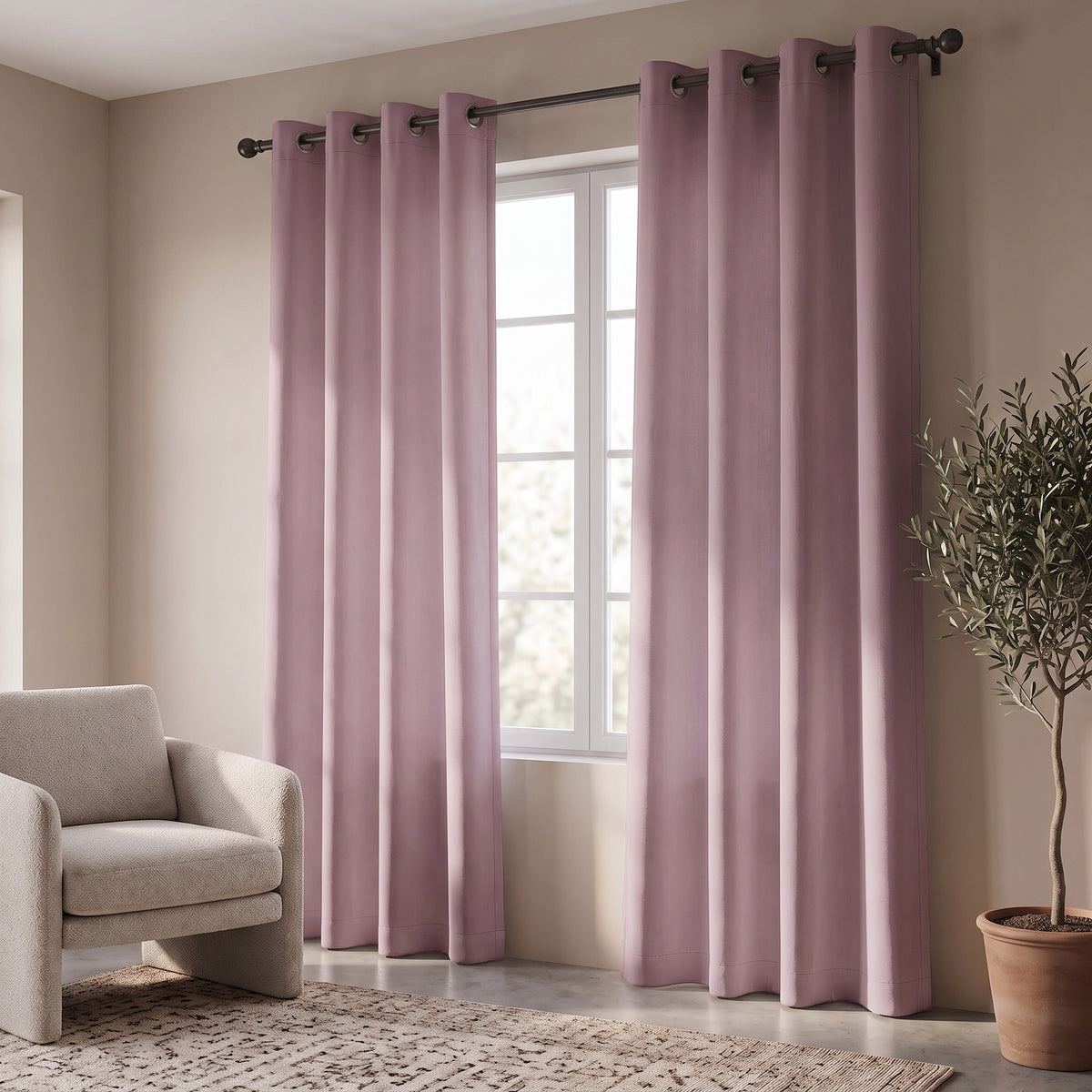 2 PC Plain Dyed Eyelet Curtains with lining- Rose Weed