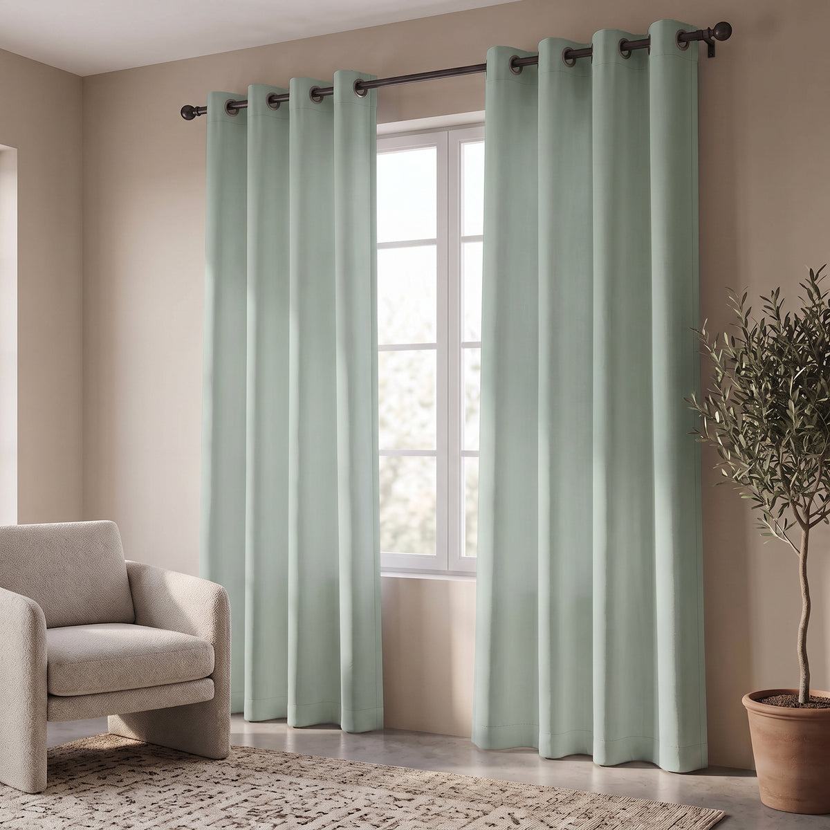 2 PC Plain Dyed Eyelet Curtains with lining- Sage Green