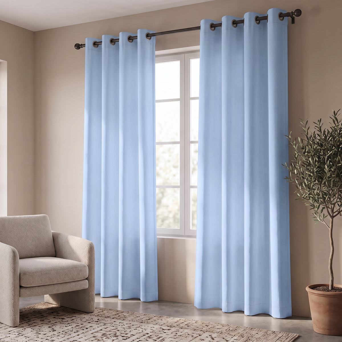 2 PC Plain Dyed Eyelet Curtains with lining-Light Blue
