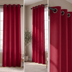 2 PC Plain Dyed Eyelet Curtains with lining-Red