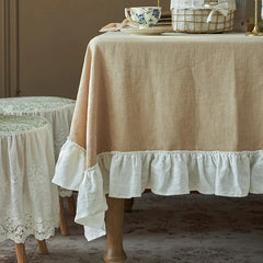 Decorative Cotton Tablecloth - Beige With White Frilled Bordered