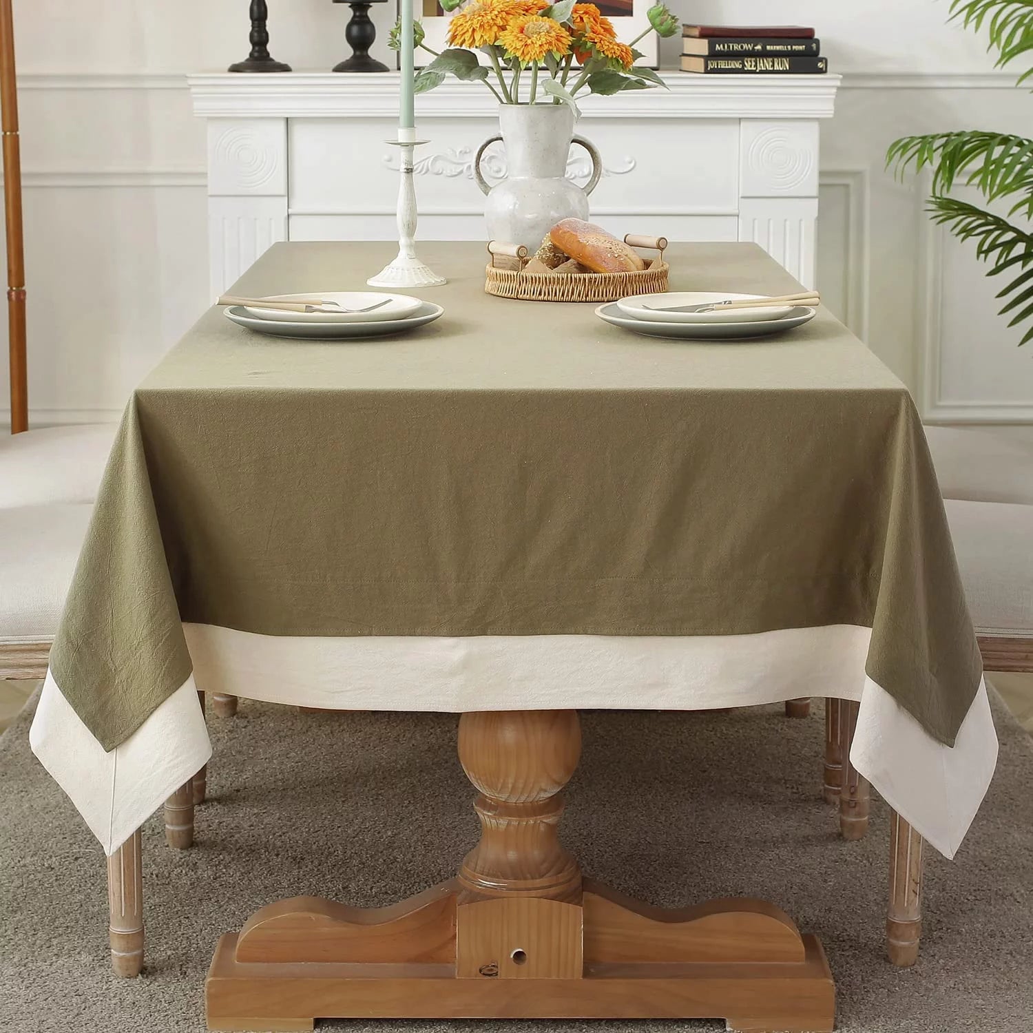 Decorative Tablecloth - Dark Beige With White Bordered - 99 Bedding Store