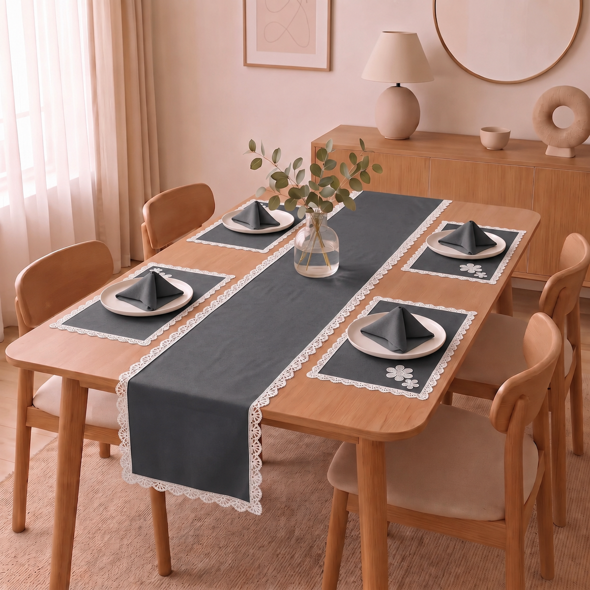 Luxury Cotton Dinning Set With Cute Lace - Grey