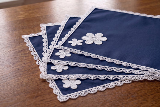 Luxury Cotton Dinning Set With Cute Lace - Navy Blue