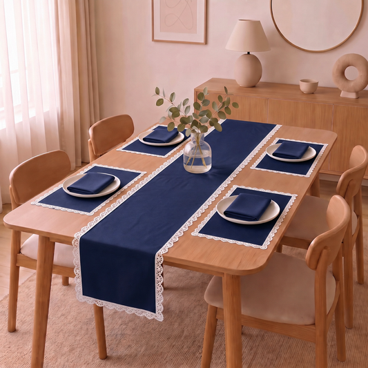 Luxury Cotton Dinning Set With Cute Lace - Navy Blue