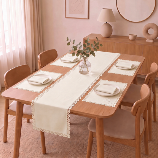 Luxury Cotton Dinning Set With Cute Lace - Off White