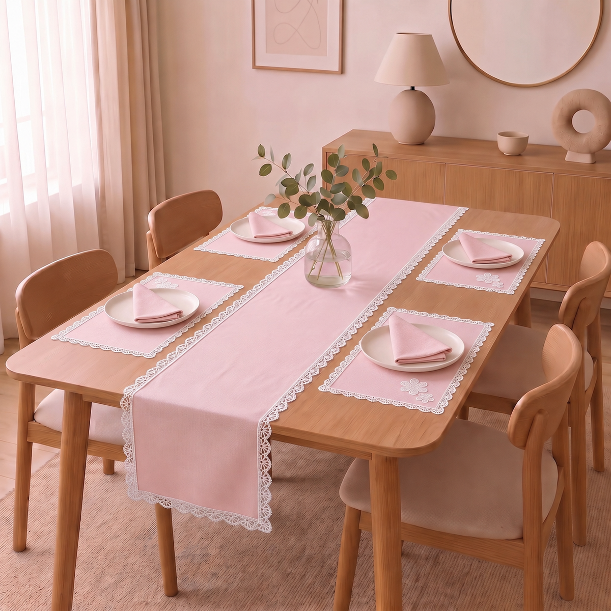 Luxury Cotton Dinning Set With Cute Lace - Pink