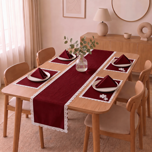 Luxury Cotton Dinning Set With Cute Lace - Red