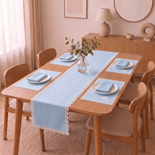 Luxury Cotton Dinning Set With Cute Lace - Sky Blue