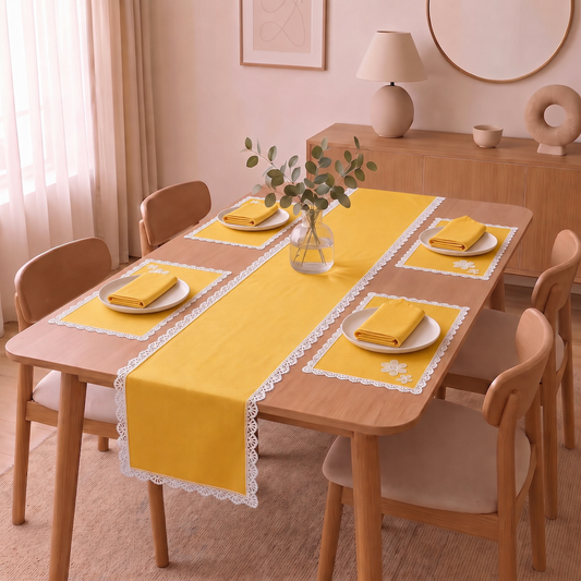 Luxury Cotton Dinning Set With Cute Lace - Yellow