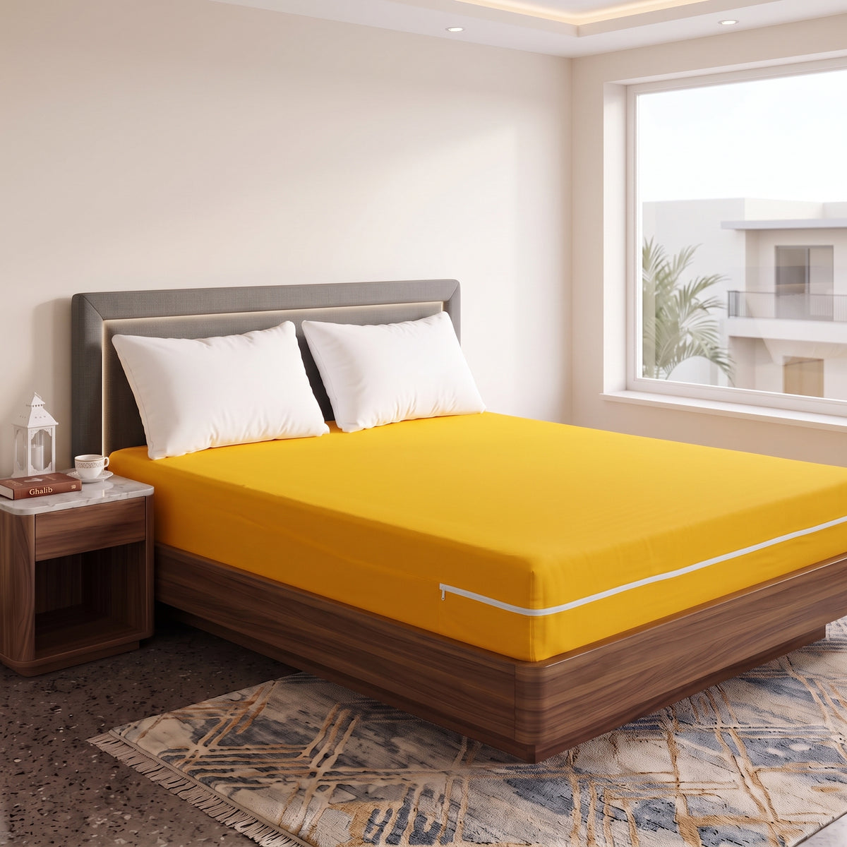 100% Cotton Zipper Mattress Cover - Mustard