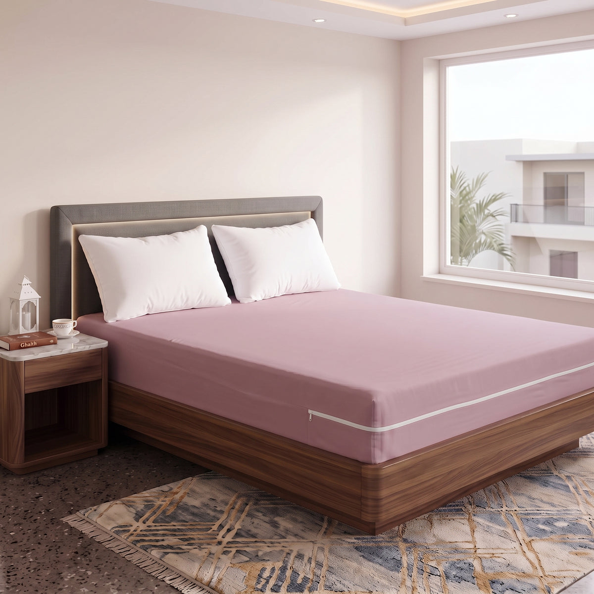 100% Cotton Zipper Mattress Cover - Rose Wood