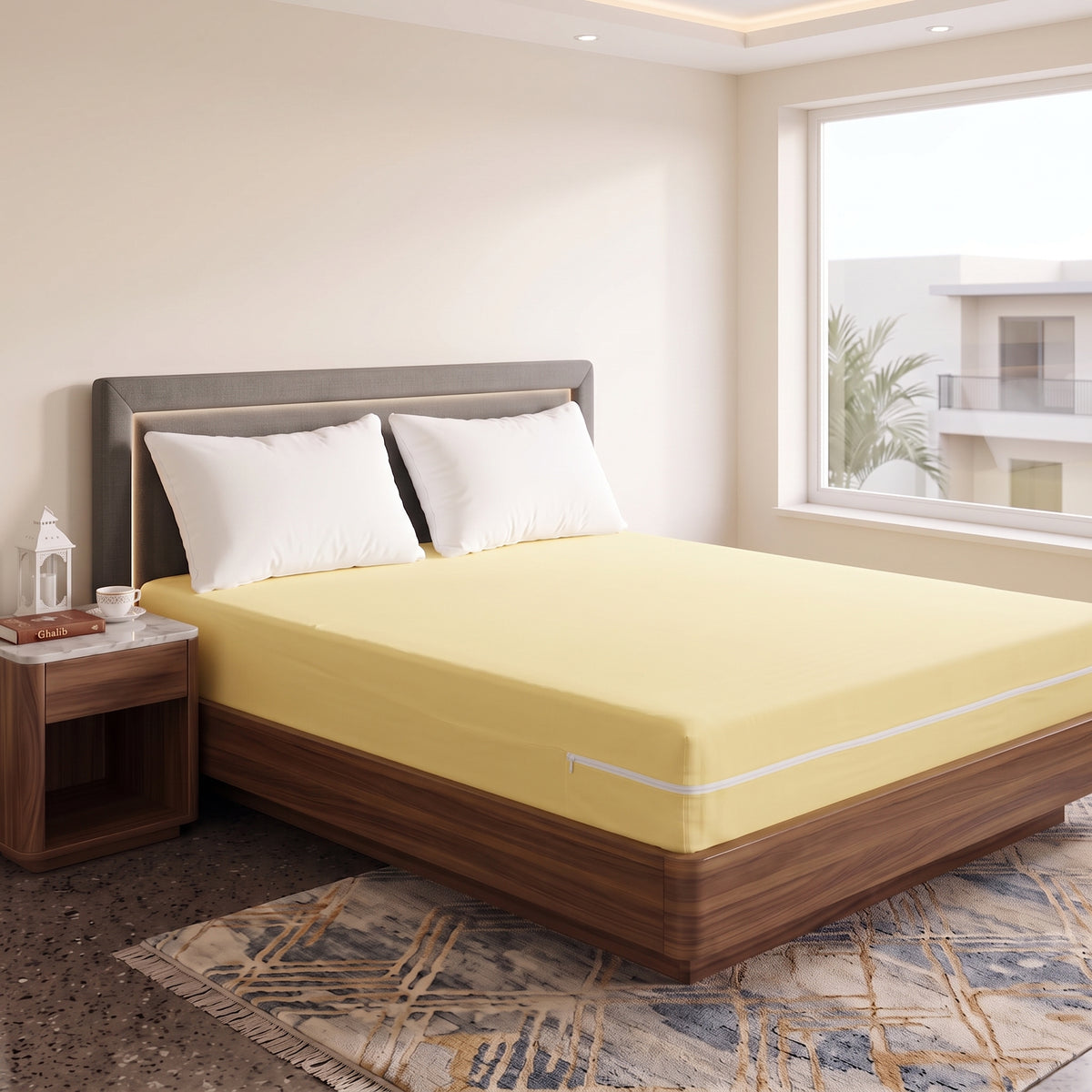 100% Cotton Zipper Mattress Cover - Yellow