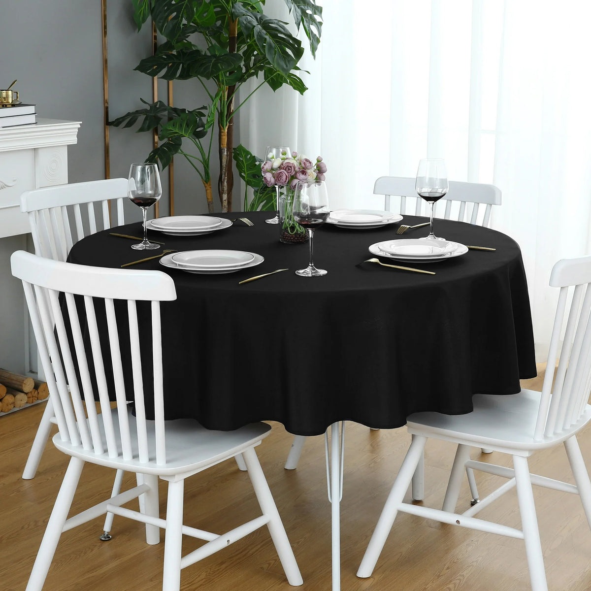 Decorative Cotton Round Tablecloth - Black