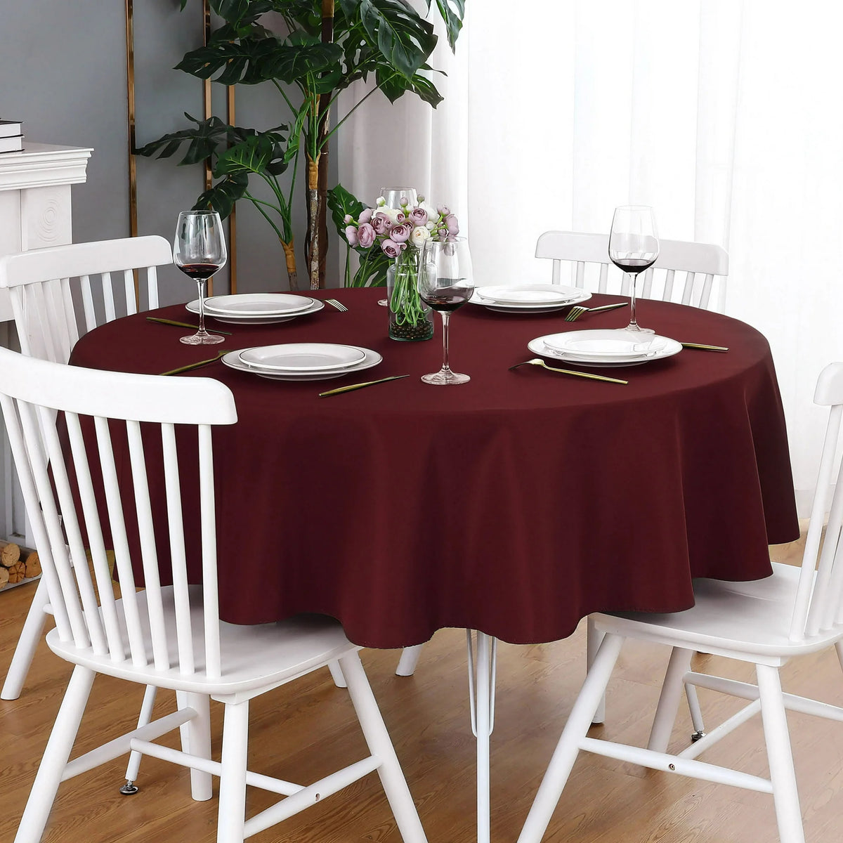 Decorative Cotton Round Tablecloth - Burgundy