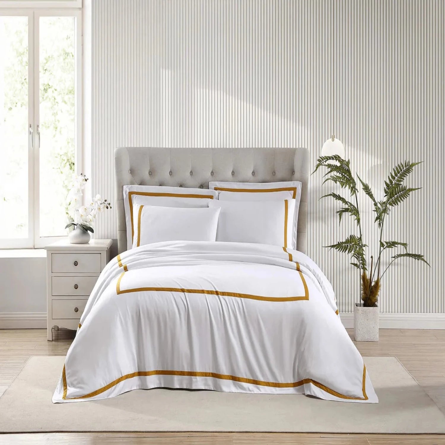 Grey Framed Bamboo Cotton Satin Duvet Set White - 99 Bedding Store