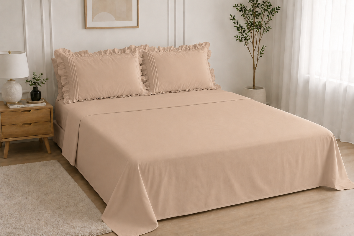 Cotton Flat Bed Sheet With Frilled Pillow Cover- Beige