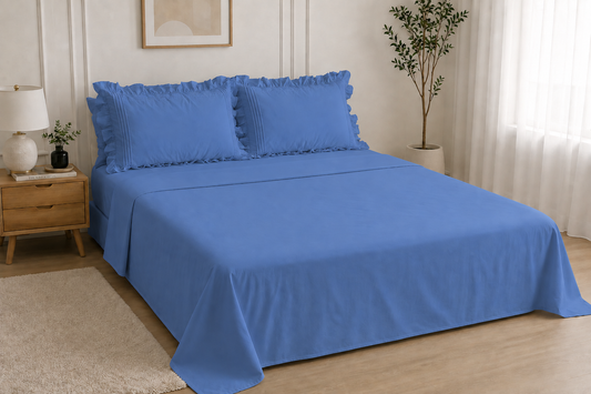 Cotton Flat Bed Sheet With Frilled Pillow Cover- Blue