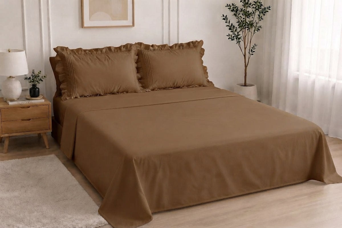 Cotton Flat Bed Sheet With Frilled Pillow Cover- Chocolate Brown