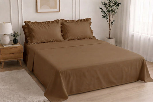 Cotton Flat Bed Sheet With Frilled Pillow Cover- Chocolate Brown