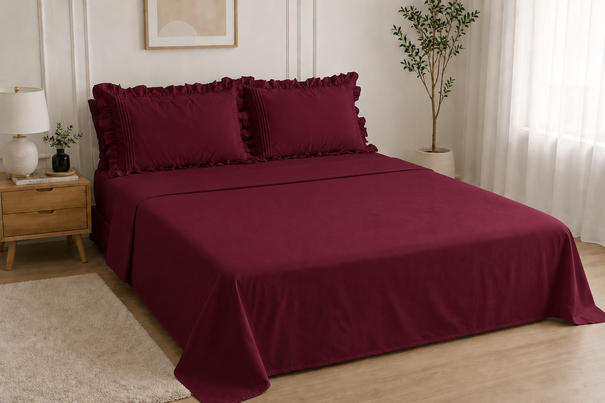 Cotton Flat Bed Sheet With Frilled Pillow Cover- Burgundy
